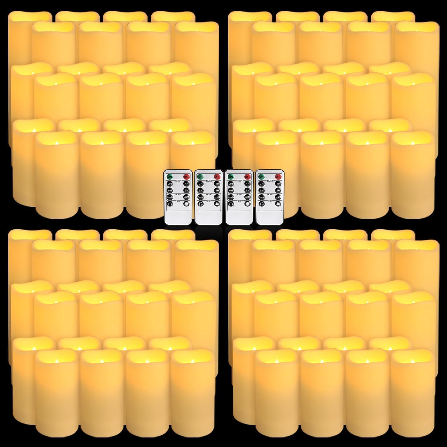 Candle X - 96個セットの防水屋外用無火キャンドル、LEDキャンドル（リモコン4個とタイマー付き）、(高さ4インチ、5インチ、6インチ x 直径2.2インチ)、ハロウィンや結婚式、お祭りに最適